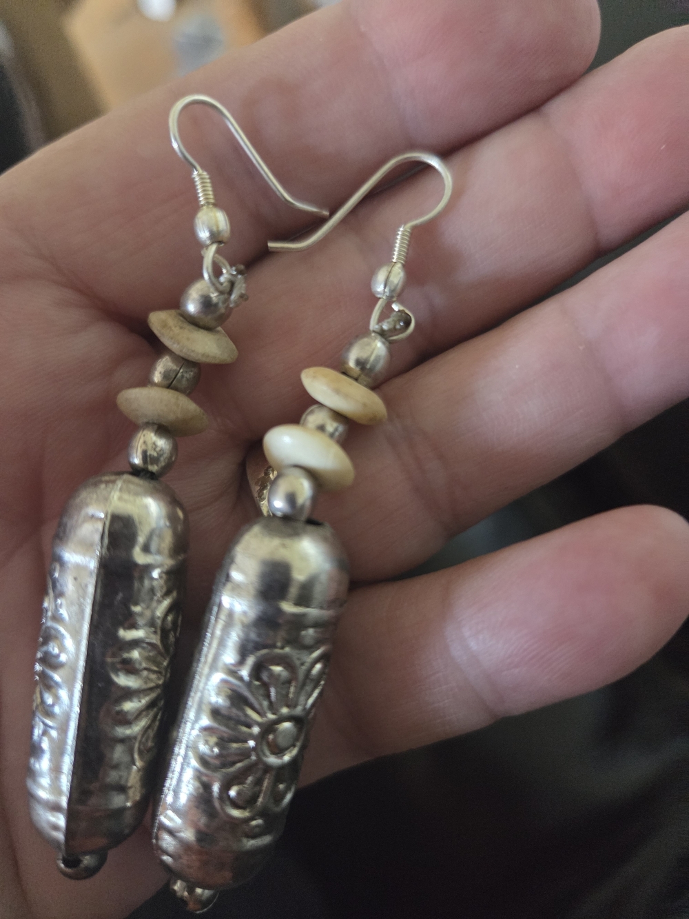 Vintage Silver Floral Drop Earrings with Bone Beads